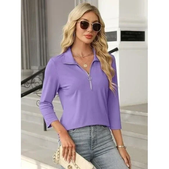 TICTICMISS Women's 3/4 Sleeve Tops XL Collared V Neck 1/4 Zip Polo Shirt Purple - Picture 3 of 7